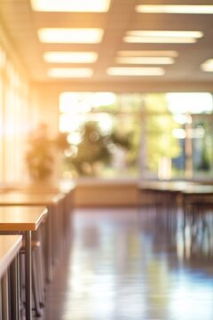Light shines through windows in a classroom filled with desks during a sunny day in a school