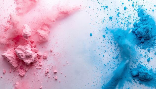 Pink and blue powder on a white surface next to a pair of scissors