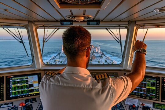 Ship captain standing on a bridge at sunset, ideal for maritime leadership, navigation, shipping business and transport content.