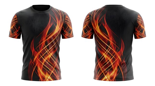 Mockup jersey branding design for sports apparel with flame pattern on black background for events