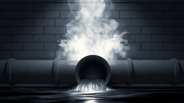 Steam rises from a pipe in a dark space during the evening, showing water flow and a brick wall