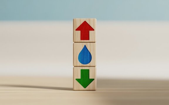 Wooden blocks with red up arrow blue water drop and green down arrow symbolizing water conservation and resource management for future generations