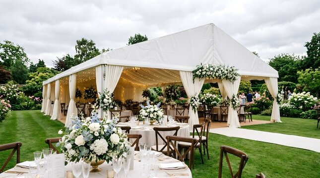 Expansive celebratory marquee set up on lush green lawn adorned with formal table settings and floral arrangements creating an inviting atmosphere for outdoor gatherings and special occasions