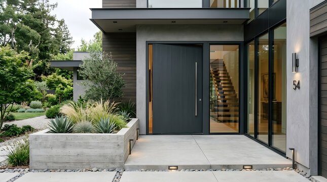 Expansive contemporary residence facade featuring a large pivot door entry and lush landscaping showcasing a sleek architectural design with natural elements for an upscale residential aesthetic