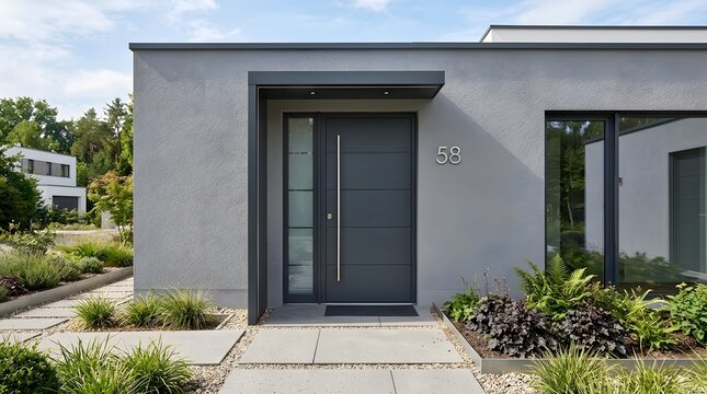 Contemporary residential dwelling featuring a sleek dark gray front door with frosted glass accent and visible house number 59 nestled within beautifully landscaped grounds with lush greenery