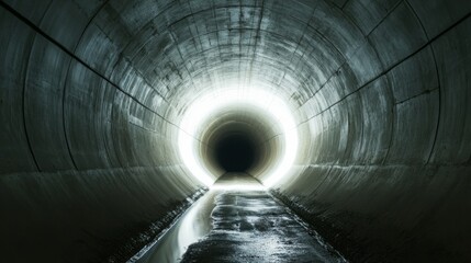 Fototapeta premium View inside a long concrete tunnel with a bright light at the end, showing wet ground and walls, taken at night