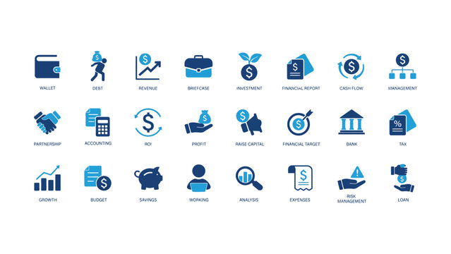 Collection of blue business finance icons on white background