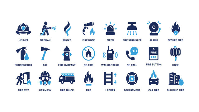 Collection of various firefighting icons and symbols used for emergency response and safety measures