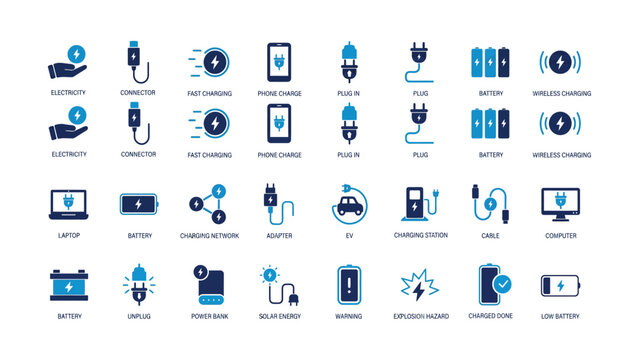 Electricity and charging icons for technology and energy concepts  various symbols