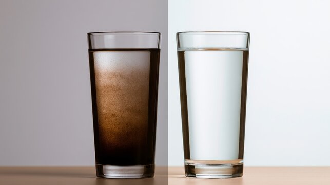 Two glasses side by side, one filled with a dark drink and the other with clear water, on a simple wooden table