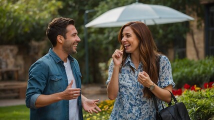 Fototapeta premium Happy Couple Engaging in Lively Conversation Amidst Lush Garden Setting on a Sunny Day