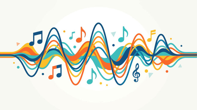 A dynamic flat design illustration featuring an abstract composition of colorful, overlapping sound waves and musical notes, perfectly capturing the vibrant energy and rhythm of a music festival. 