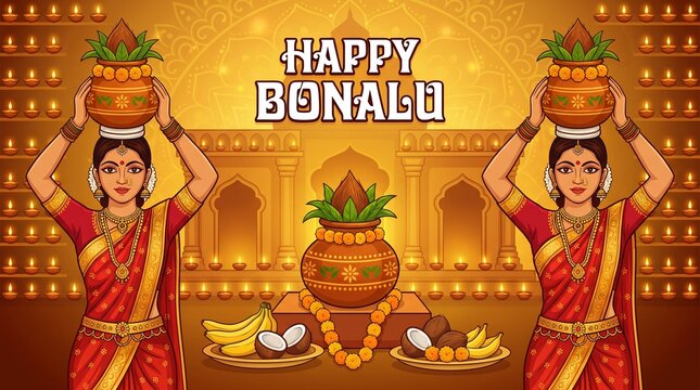 Happy Bonalu Festival Vector Illustration, Indian Women in Traditional Saree Carrying Bonam Pot, Telangana Culture, Hindu Religious Celebration Banner Background