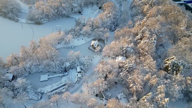Aerial winter view of Thai-Sala pavilion in Westpark Munich at sunset Germany.
