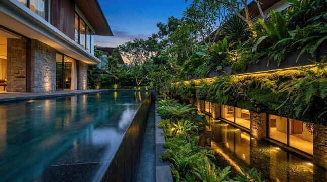 A luxury modern villa features a serene infinity pool surrounded by lush tropical vertical gardens.