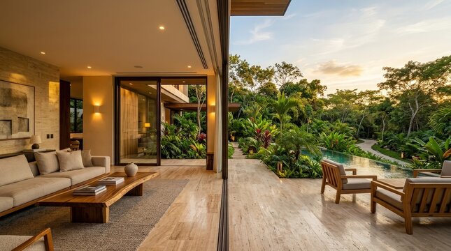 A Luxury Open Concept Living Room Opens To A Lush Tropical Garden Featuring A Large Infinity Pool.