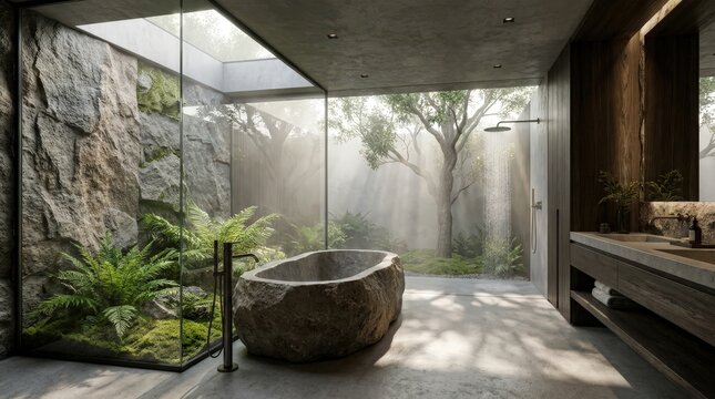 A serene luxury bathroom features a carved stone bathtub beside a glass wall looking into a forest.