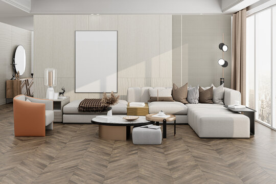 Front view 3D render of a luxury contemporary living room interior with dark chevron wooden flooring, a large modular sofa, a blank poster frame mockup, and an elegant accent chair.