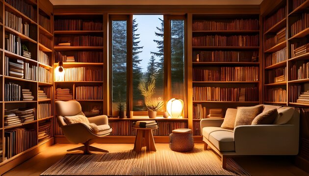 a cozy reading nook bathed in warm lamplight shelves filled with books begging to be explored