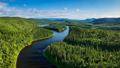 Naklejka premium aerial view of the malbaie river surrounded by greenery in quebec canada