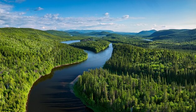 aerial view of the malbaie river surrounded by greenery in quebec canada