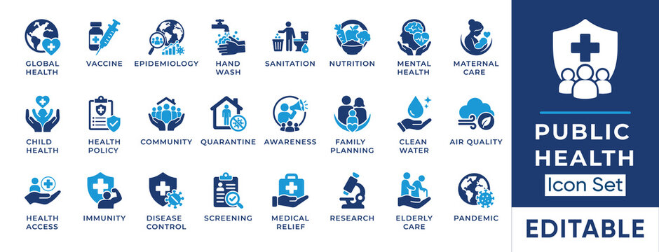 Public health and epidemiology solid icon set. Includes symbols for Vaccine, Disease Control, and Maternal Care. Vector icons for medical presentations, NGO campaigns, and healthcare dashboards.