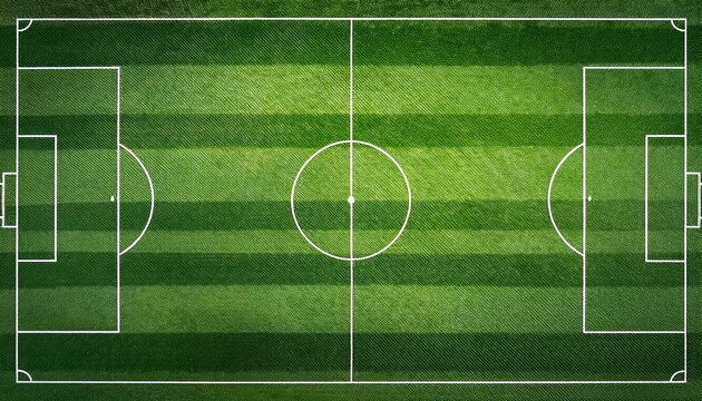 top down aerial view of a professional green soccer field with white markings and alternating mowed stripes