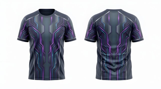 Mockup jersey showcasing branding design on front and back for apparel, highlighting purple accents on dark gray t-shirt.
