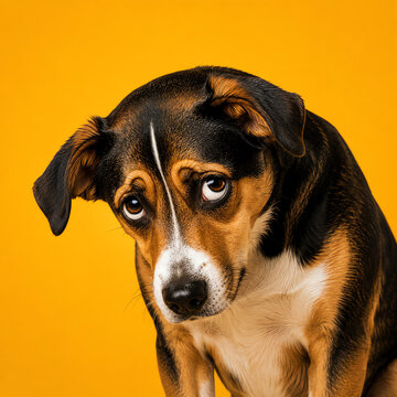 Advertising a dog with a guilty look and expressive eyes on a bright yellow background, the concept of repentance and apology, funny dog ​​emotions, studio photography, space for text, minimalist desi