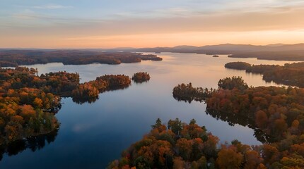 Obraz premium Serene lake vista featuring a cluster of forested islands with colorful autumn leaves under a soft sunset sky in an aerial view for tranquil environmental themes and seasonal wallpapers.