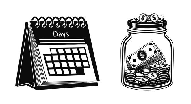 Vector illustration of calendar and glass jar with money on a transparent background