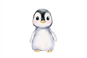 Obraz premium Cute baby penguin stands alone on a white background looking directly at the viewer with a friendly expression
