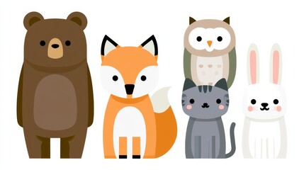 Fototapeta premium Cute animal characters standing together in a row with a variety of colors and shapes