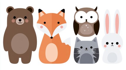 Fototapeta premium Five cute animal characters stand in a line, featuring a bear, fox, owl, rabbit, and cat on a white background
