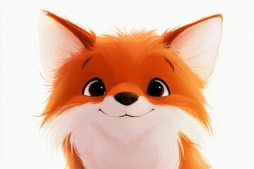 Fototapeta premium Cute cartoon fox with bright orange fur and big eyes smiling happily against a simple white background