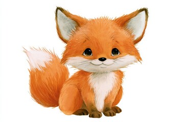 Fototapeta premium Cute fox character sitting and looking at the viewer with a happy expression in a simple cartoon style during daylight