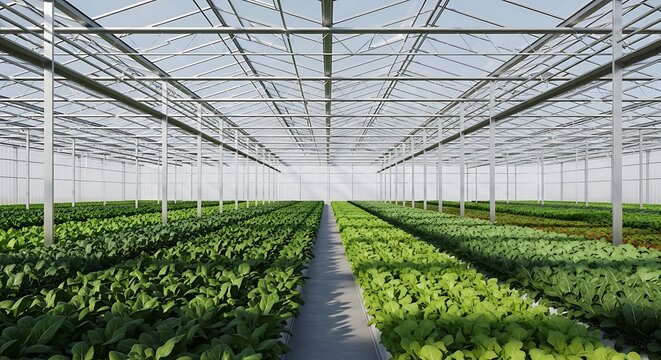 Interior of a modern glass greenhouse used for farming nampa idaho with rows of fresh green leafy vegetables growing in a sustainable hydroponic agricultural system.
