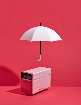 Levitating pink computer data server unit shielded beneath an open white umbrella against a vivid red background