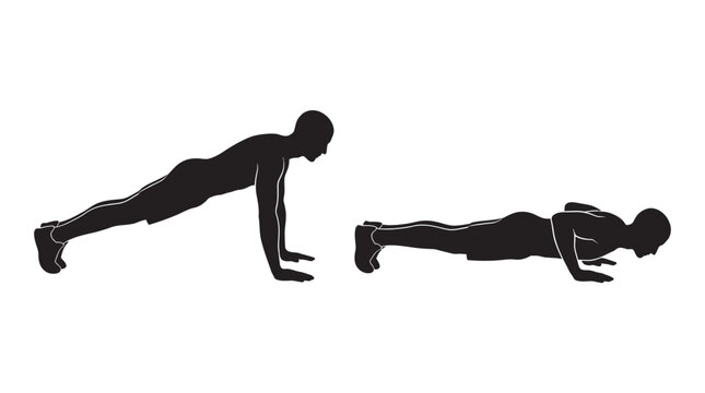 Man Performing Push Up Exercise In Two Stages Black Silhouette