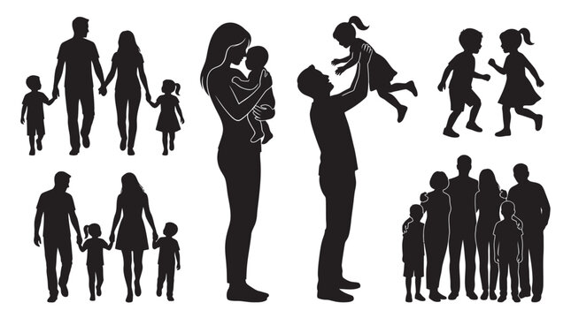 Family Group Silhouettes Depicting Various Interactions Black Silhouette