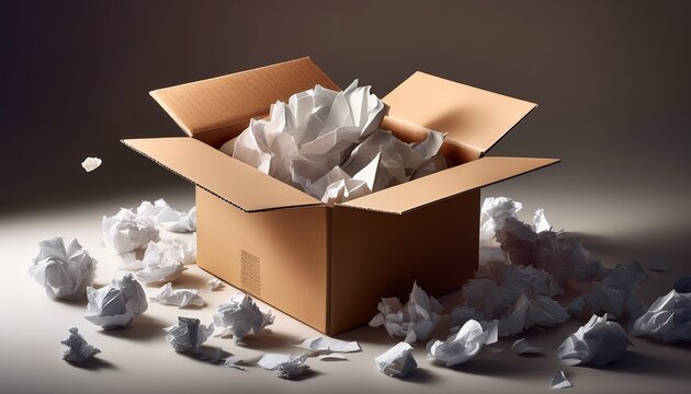 cardboard box with crumpled paper inside surrounded by scattered paper debris on a neutral background