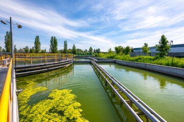 Fototapeta premium Water treatment facility with clear blue sky and green vegetation surrounding the area during daytime