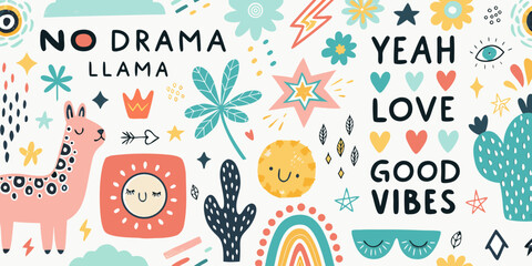 Floral Ornament And Lettering Pattern With Llamas A Colorful Vector Illustration © Mityunjoy