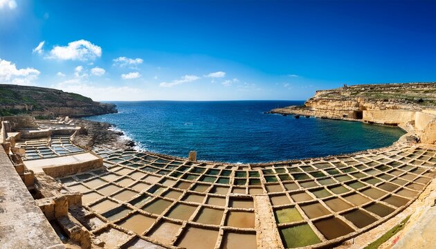 panoramic view of the historic salt pans on the coast near zebbug on gozo malta overlooking the mediterranean sea
