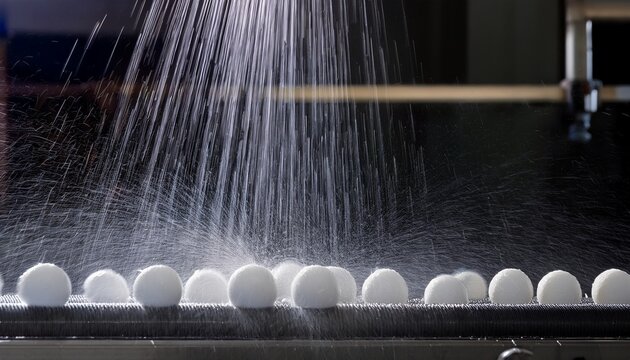 precision machinery in action with droplets of water cascading from industrial nozzles onto a production line of white spheres