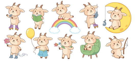 Fototapeta premium Cute cartoon goat characters set whimsical illustrations for children's designs