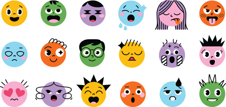 Diverse collection of playful cartoon face emoticons and expressions