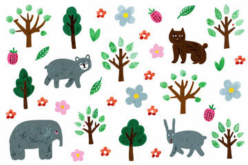 Floral And Animal Pattern With Trees Bears And Elephant © ShreeShuvoKumar