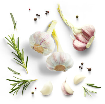 Art Fresh organic garlic bulbs green rosemary leaves and peper isolated on white background. Transparent background and natural transparent shadow; Ingredient, spice for cooking. collection for design