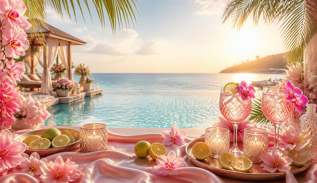 A table adorned with pink flowers and a glass of wine, set beside a serene pool.